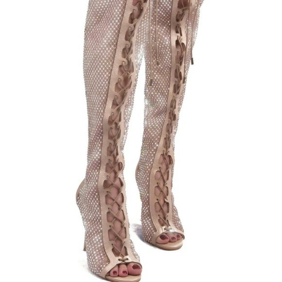 Cape Robbin Shoes - Cape Robbin Lace-Up Diamond Thigh High Boots Nude